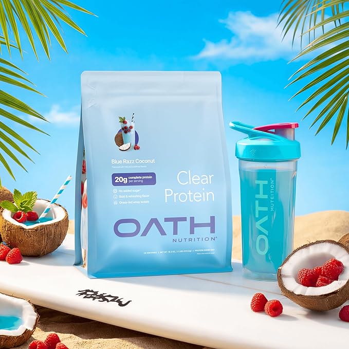 Oath Nutrition Clear Whey Isolate Protein Powder, Blue Razz Coconut, 20g Complete Protein per Serving, No Added Sugar, Grass-Fed, 18 Servings