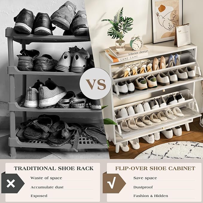 Fsbecl Shoe Storage Cabinet for Entryway with 2 Flip Drawers, Narrow Wood Shoe Cabinet with Fluted Panel, Freestanding Hidden Shoe Organizer for Foyer, Hallway (White - with Shelf)