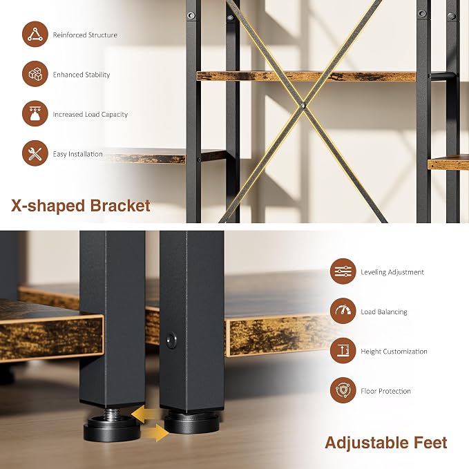 Shintenchi Triple Column 6 Tier Bookshelf, Industrial Large Bookcase Display Shelves, Large Etagere Bookshelf,Wide Book Shelf Book Case for Home & Office, Rustic Brown