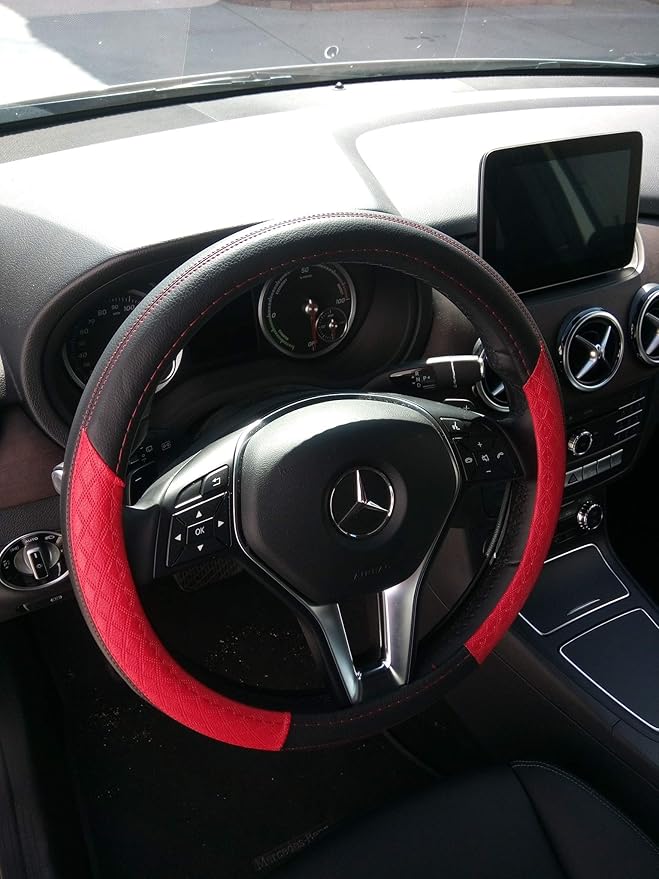 Jdragon Black & Red PU Leather Great Comfort Slip-On Steering Wheel Cover 14.25-15" Diameter
