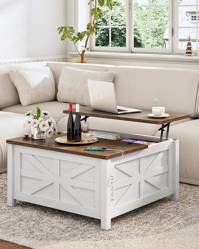 31.5" Lift Top Coffee Table, Farmhouse Coffee Table with Charging Station and Storage, 2 AC Outlets and 2 USB Ports, White and Walnut MKF02UWAN1