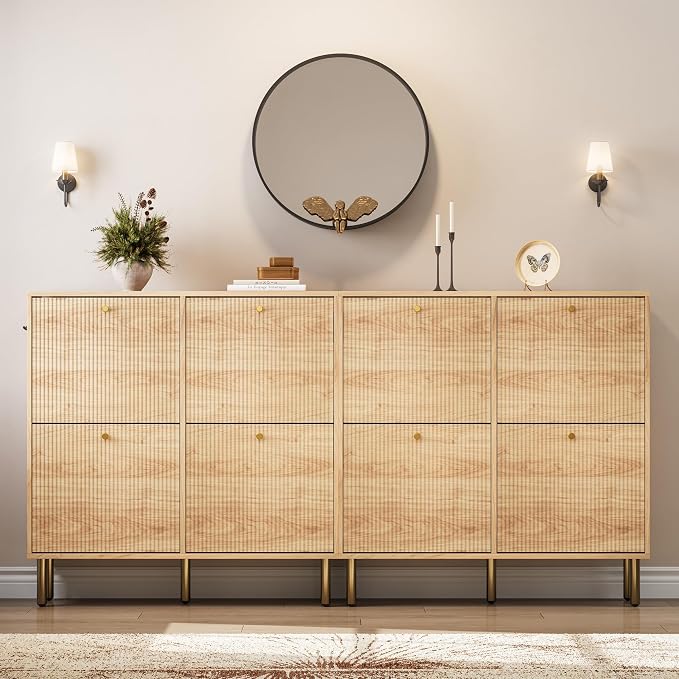 Nicetree Shoe Storage Cabinet for Entryway - 4 Flip Drawers Shoe Cabinet with Tiered Fluted Design - Slim Shoe Storage Rack with Gold Legs - Narrow Shoe Cabinet Hidden Shoe Organizer for Small Spaces