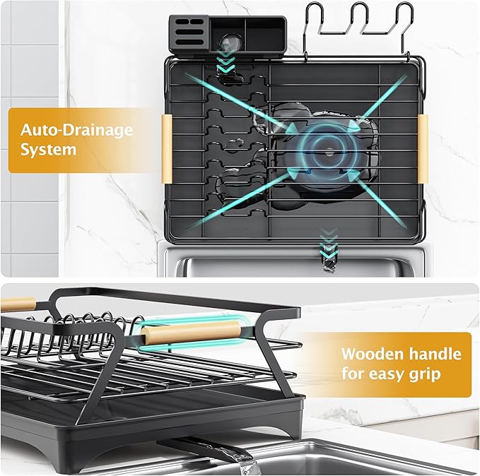 Epicano Dish Drying Rack for Kitchen Counter,Black,Large Capacity | Raised Feet,Rustproof,Wooden Handle,Auto-Drainage System,Cup Holder & Knife Slots, Sink Storage Organizer