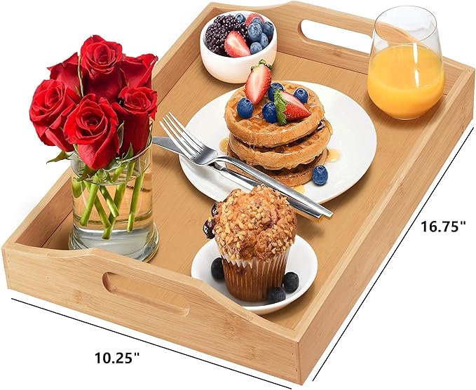 Tray with Large Handles - Bamboo Ottoman Tray, Great for Coffee Table, Couch, Tea, Bar, Breakfast, Dinner, or Any Food - Good for Parties or Bed for Eating (Home It)