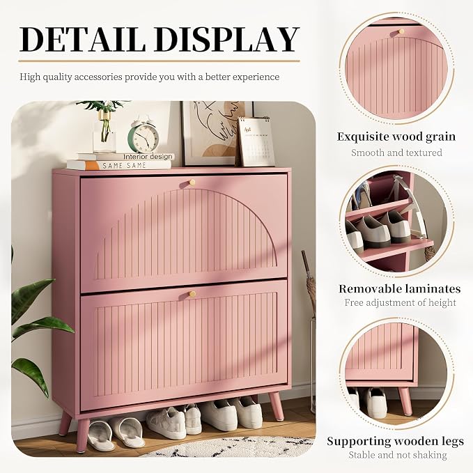 Fsbecl Shoe Storage Cabinet for Entryway with 2 Flip Drawers, Narrow Wood Shoe Cabinet with Fluted Panel, Freestanding Hidden Shoe Organizer for Foyer, Hallway (Pink - with Shelf)