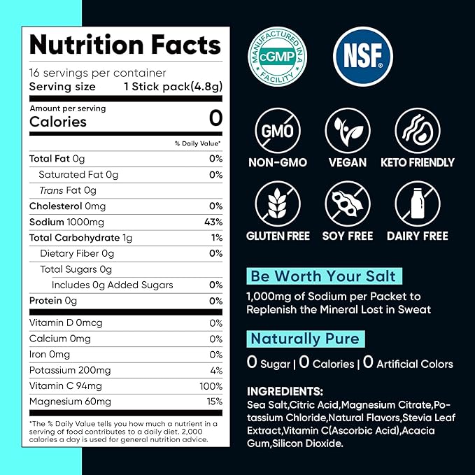 Venture Pal High Sodium Sugar Free Electrolytes Powder Packet, Zero Calories Hydration Packets with Vitamin, Sodium, Potassium & Magnesium, Electrolyte Drink Mix, Vegan, Keto Friendly, 16 Count