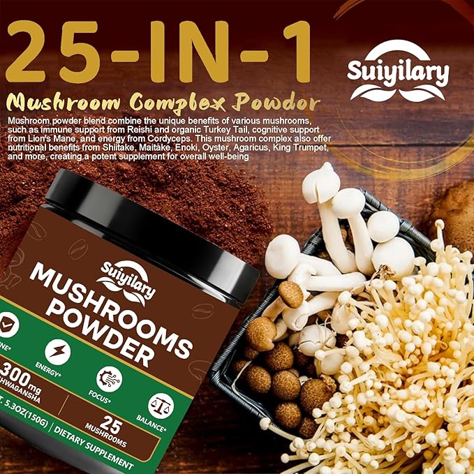 25 in 1 Mushroom Powder, Mushroom Coffee Alternative with Ashwagandha, Lion’s Mane, Chaga & More, Keto Friendly, Sugar Free, Mushrooms Extract Supplement for Immune, Focus & Energy, 60 Servings