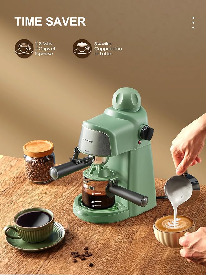 Espresso Machine, 3.5Bar Espresso and Cappuccino Machine with Preheating Function, 4 Cup Coffee Maker with Milk Frothing Function and Steam Wand (Green), CM6810