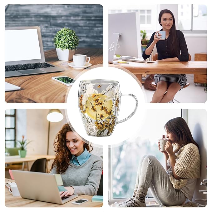 Flower Glass Double Wall Glass - 350ml Aesthetic Dried Flowers Double Wall Glass Coffee Mugs | Clear Glass Cups With Handle,Anti-Scalding Coffee Cups For Hot Beverages,Tea Or Coffee