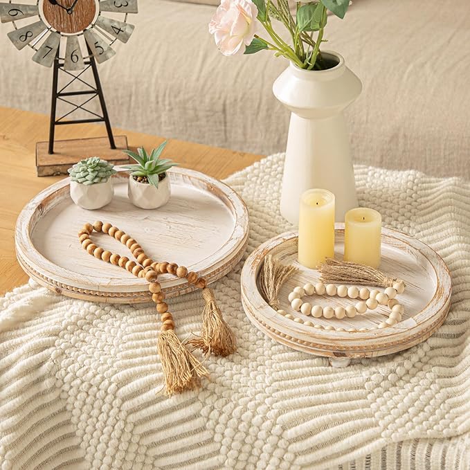 2 Piece Whitewashed Wooden Serving Tray Set with Beaded Design, Farmhouse Centerpiece Table Decorations, Round Coffee Table Tray for Living Room Home Decor, Ottoman Tray Decor for Rustic Styles