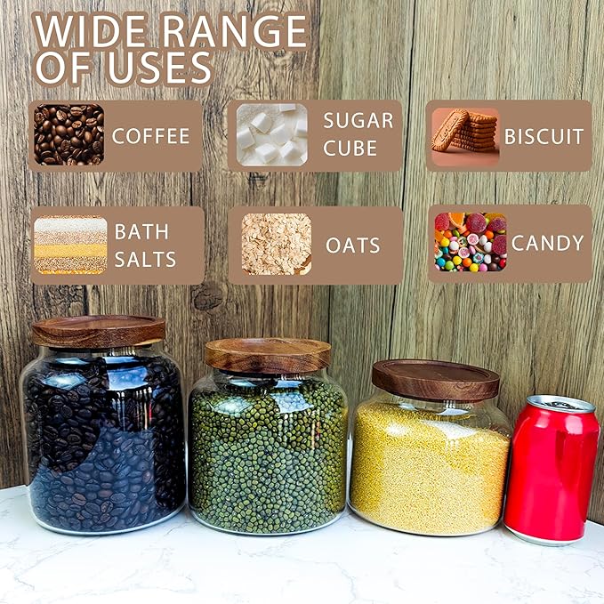 1PC Glass Storage Jars with Airtight Lids, 54 fl oz (1600ml) coffee container with Wooden Lid, Glass Pantry Canister for Beans, Rice, Sugar and etc