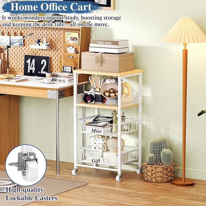 4 Tier Rolling Cart with Drawer Baskets, Metal Utility Storage Cart with Wheels and Wood Top for Living Room, Kitchen, Home Office, Bedroom, Pantry, Baby Essential, Craft, Snack, Makeup, White