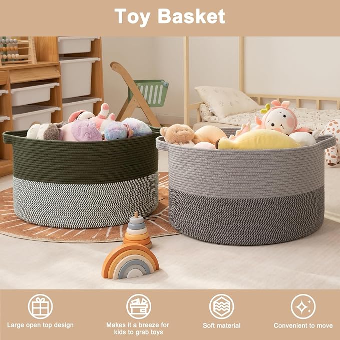 OIAHOMY 90L XXXLarge Blanket Basket for Living Room, 21.7" x 13.8" Woven Cotton Rope Laundry Basket for Organizing Pillows, Decorative Stuffed Animal Toy Storage for Nursery, Lighe Grey and Dark Grey