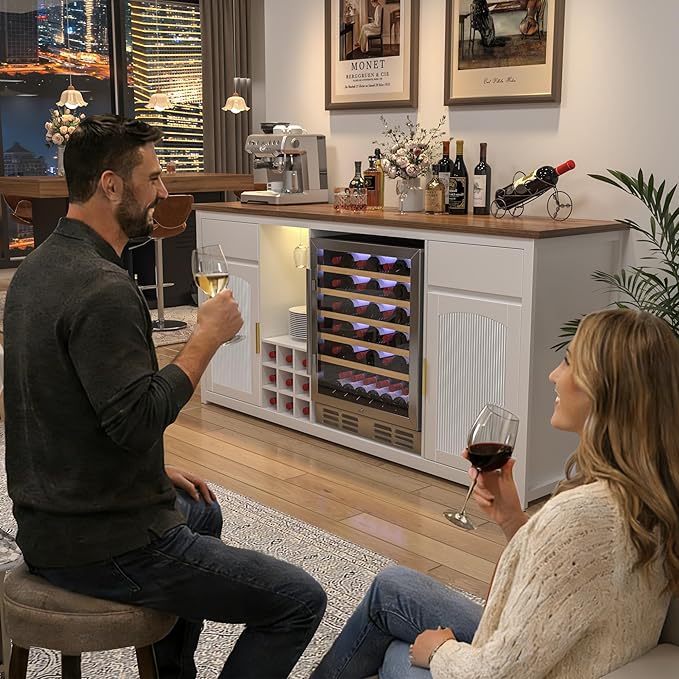 GDLF Extra Long Bar Cabinet with Fridge Space, Modern Wine Liquor Cabinet with Storage and Power Outlet, Buffet Sideboard with Fluted Doors for Home, 78.7 Inch, White