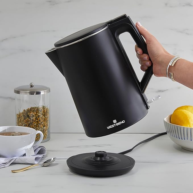 West Bend Electric Kettle Cordless Serving Features Stainless Steel Interior Boil Dry Protection and Auto Shut Off, 1.5-Liter, Black