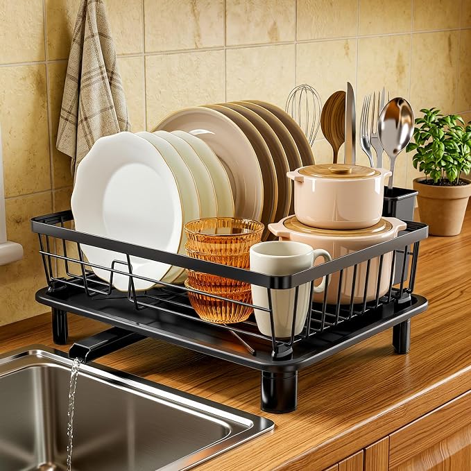 MOUKABAL Dish Drying Rack, Dish Rack, Stainless Steel Dish Racks for Kitchen Counter, Dish Drainer with Removable Utensil Holder, Drainboard (Black,11''W x 15''L)