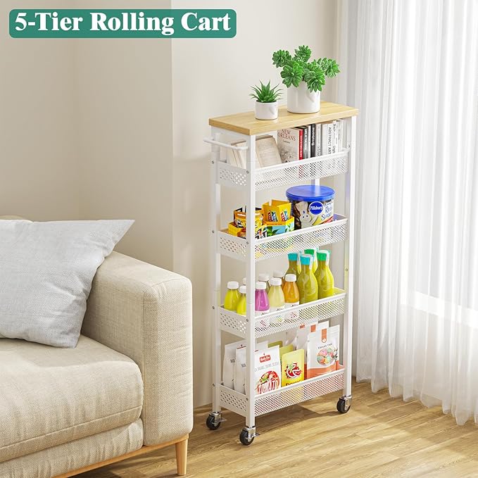 Giwil Slim Storage Cart 5 Tier Narrow Kitchen Rolling Cart on Wheels for Small Space, Metal Utility Cart Narrow Bathroom Storage Cabinet Mobile Shelf Unit Organizer with Wood Top and Handle, White