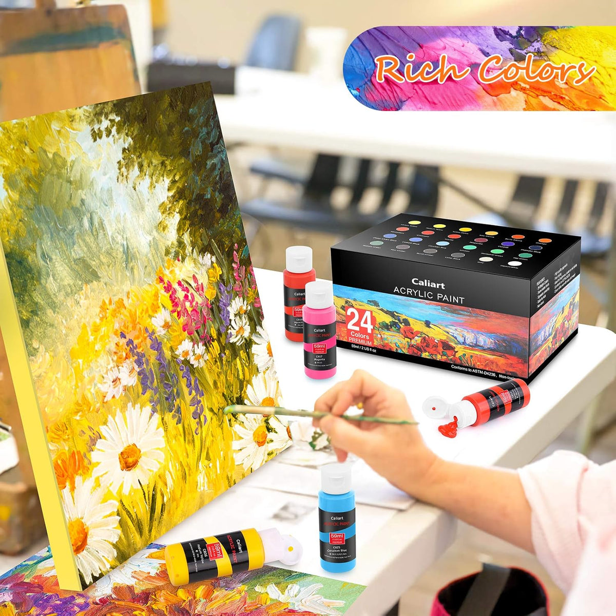 Caliart 24 Colors Acrylic Paint Set with 12 Brushes, Art Craft Paints Gifts Trendy Stuff for Adults Artists, Halloween Pumpkin Canvas Ceramic Rock Eggs Painting Kit Art Supplies