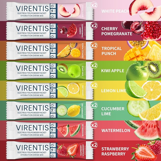 16 Sticks Electrolytes Powder Packets Sugar Free Hydration Packets, 8 Flavors Liquid Daily IV Electrolyte Drink Mix for Rehydration with 8 Electrolytes & 6 Vitamins, 0 Calorie, Low Sodium