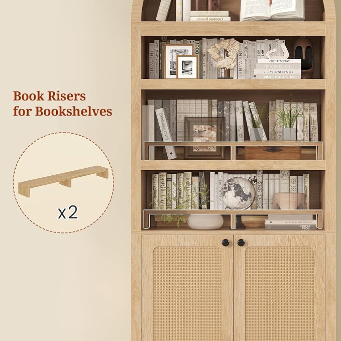 81" Tall Arched Cabinets,Bookcase with storage,Mid-Century Modern 6-Tier Bookshelf with Door,2 Book Risers and Adjustable Shelves offering more storage space for Living Room,Kitchen,Home Office,Oak