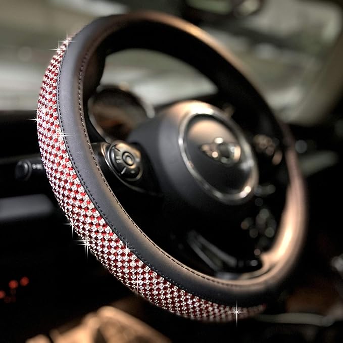 PINCTROT Bling Bling Comfy Steering Wheel Cover with Jumbo Crystal Rhinestones, Anti-Slip Diamond Leather, Universal 15 Inch (Red)