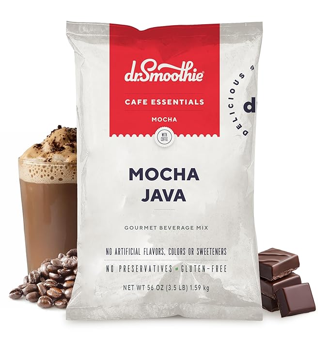 Dr. Smoothie Café Essentials Mocha Java – No Artificial Colors, Flavors, or Sweeteners – Shelf Stable – 61mg of Caffeine per Serving – Great for Hot, Iced, & Frozen Frappes (3.5 lb Bag, 30 Servings)