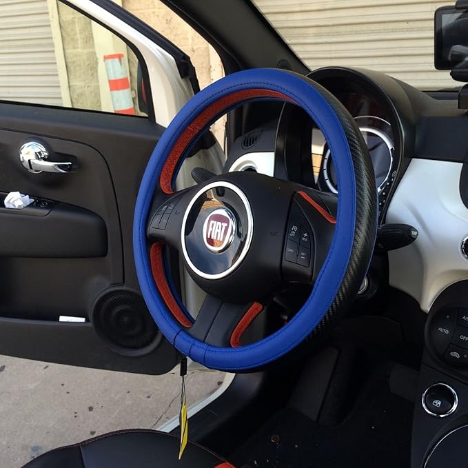 Jdragon Blue & Carbon Fiber Style PVC Leather Slip-On Steering Wheel Cover 14.25-15" Diameter