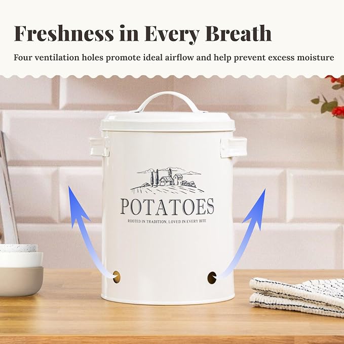 noonberry Potato and Onion Storage Bin Set - 3-Piece Ventilated Potato Storage Bin, Onion Storage Container and Garlic Container - Cream-White Magnolia Finish