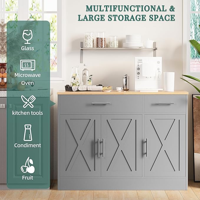 Shintenchi Modern Farmhouse Sideboard Buffet Cabinet with Storage with 3 Doors,42" Barn Doors Buffet Cabinet with Storage,Wood Coffee Bar Cabinets with Adjustable Shelf for Kitchen,Living Room,Grey
