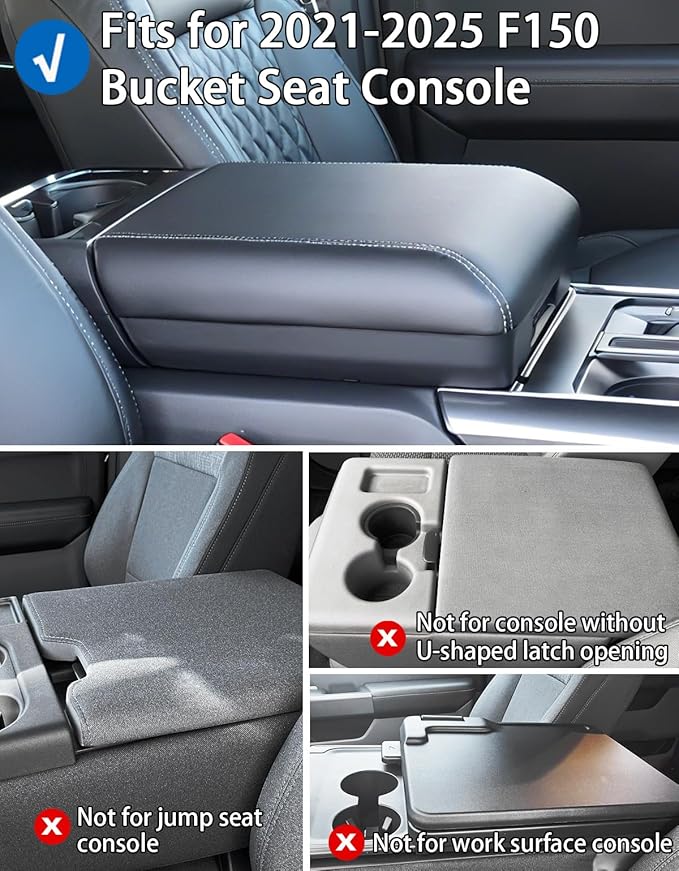 Center Console Cover Nappa Leather Armrest Cover Compatible with 2021-2024 2025 2026 F150 Bucket Seat Middle Console Cover with Two Side Pockets Center Console Cushion(Bucket Seat Only)