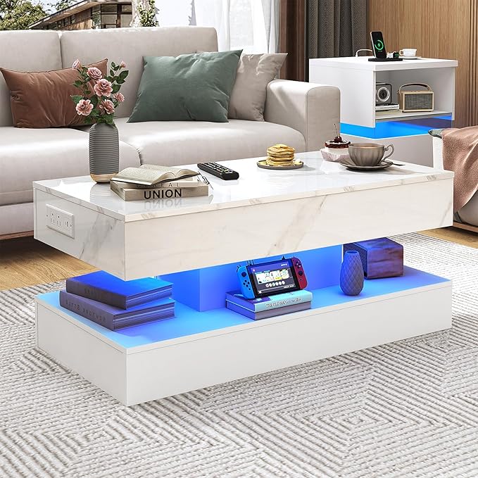39.4" Large Lift Top Coffee Table, Modern LED High Glossy Coffee Table with Charging Station, Lights, Hidden Compartment Storage, Lift Center Tables for Living Room, Home Office, White