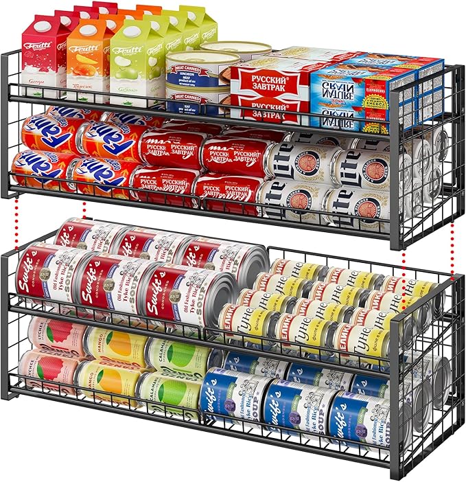 2-Pack Stackable Can Organizer for Pantry Shelf, Adjustable Extra-Long Rolling Can Rack for Kitchen Cupboard Storage, Sturdy Standing Can Holder for Canned Food Goods Soda up to 100, 2 Tier, Black