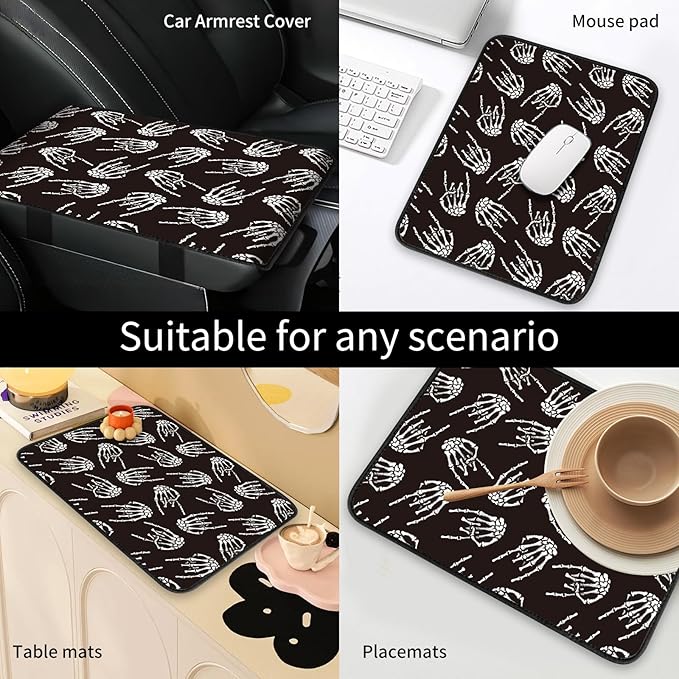 Car Center Console Cover, Universal Soft Large Neoprene Auto Armrest Seat Box Cover, Funny Car Decor Accessories Fit for Most Cars, Vehicles, SUVs Cool Black Skull Hands