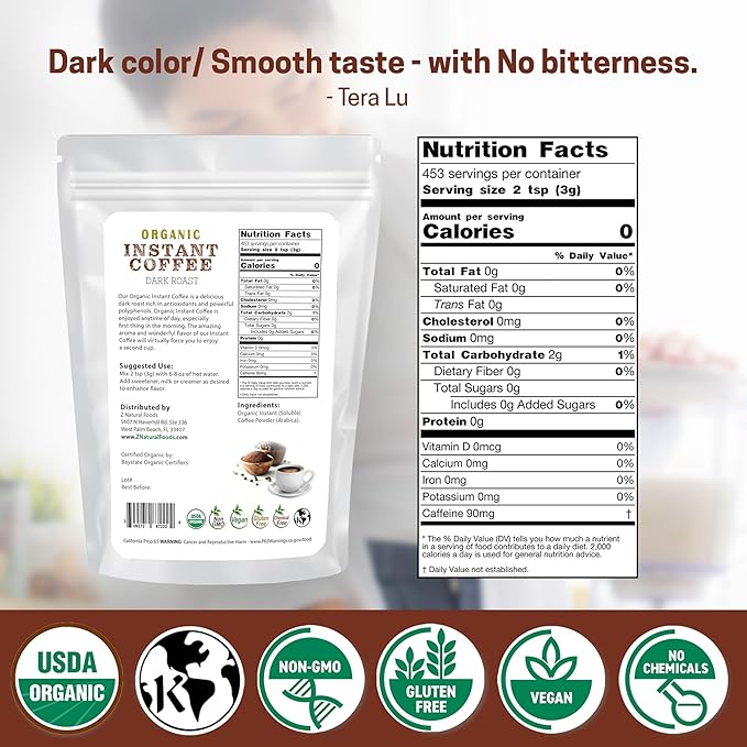 Z Natural Foods Organic Instant Coffee Powder - Rich Dark Roast Flavor, Arabica Instant Espresso Powder with Antioxidants to Boost Energy, Mood & Focus - Gourmet Instant Coffee in Resealable Bag, 3 lbs