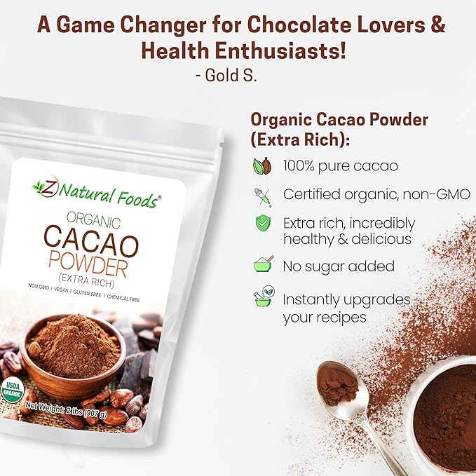 Z Natural Foods Organic Cacao Powder, Nutrition-Packed, Extra-Rich Dark Chocolate Flavor, Perfect for Chocolate Recipes, Shakes, or Smoothies, Non-GMO, Vegan, Gluten-Free, Kosher, 2 lbs