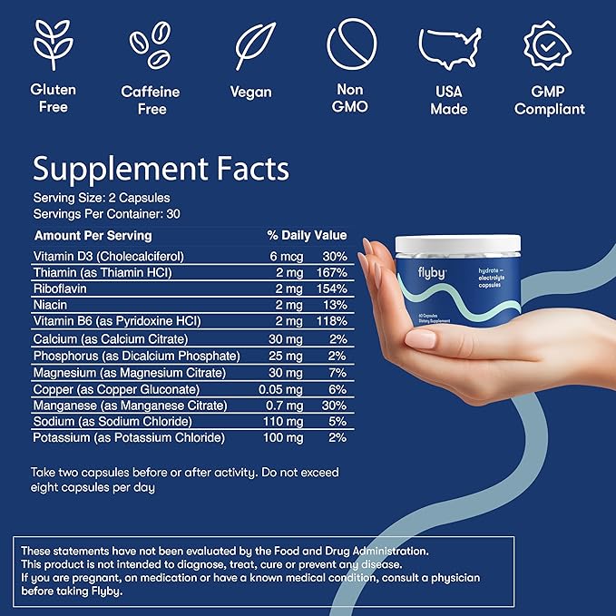 Flyby Electrolyte Capsule - Contains Sodium, Potassium, Vitamin D3, B Vitamins, Copper and Manganese | Electrolytes Recovery | Non-GMO | No Added Sugar – 60 Count (Pack of 2)