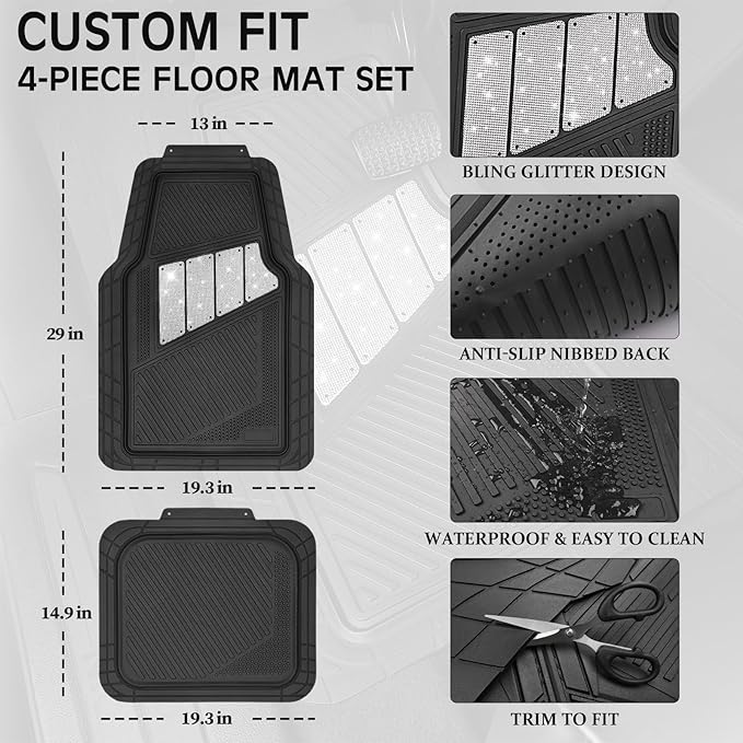 CAR PASS Heavy Duty Rubber Floor Mats 4-Piece Bling Car Mats Full Set - Universal Waterproof Floor Mats for SUV Truck, Durable All Weather Car Mats, Automotive Mats for Women Glitter Silver