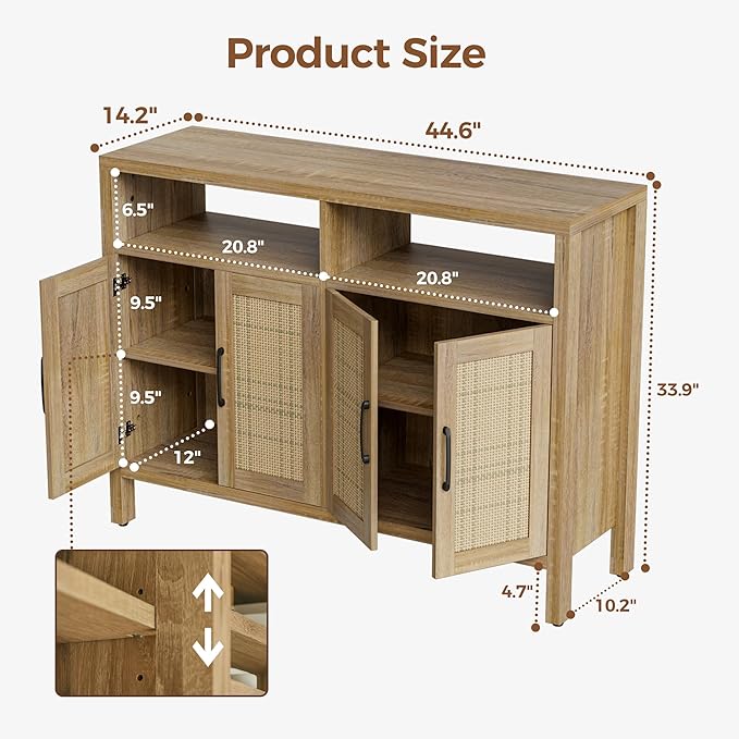 Mericonia Rattan Buffet Cabinet with Storage, Sideboard with Doors, Console Table, Farmhouse Coffee Bar, Modern Wood Storage Cabinets TV Stand(Natural 2.0)
