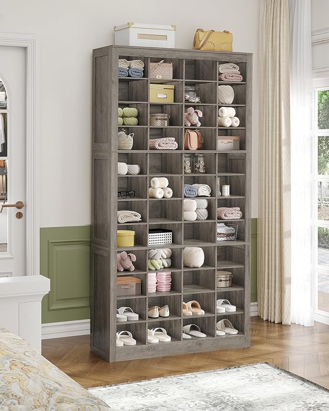 Hzuaneri Shoe Storage Cabinet, 48 Pairs Free Standing Closet Organizer, 9 inch Widened Cell Wood Shoe Organizer, 12 Tiers Vertical Space Saving Shoe Rack for Entryway, Cloakroom, Greige SR39605X