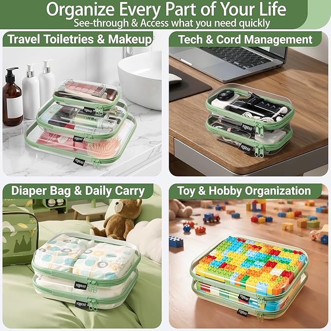 YQBRAO 4-Pack Clear Diaper Bag Organizer Pouches, 1.2mm Ultra-Thick PET Travel Pouches for Toiletries & Makeup, Rigid Self-Standing Bags with YKK Zippers, TSA Approved (Green)