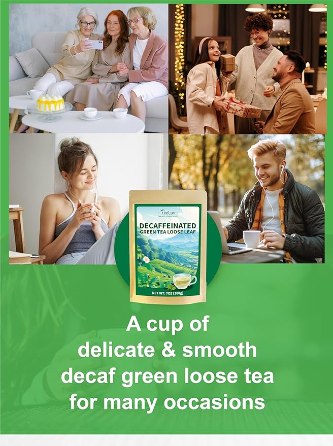 TeeLux Decaf Green Tea, CO2 Decaffeinated Green Tea Loose leaf, Delicate & Smooth Flavor, 7oz