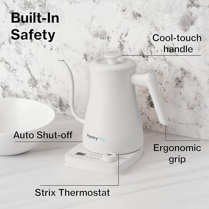 PantryPro Gooseneck Electric Kettle with Temperature Control, 34oz/1.0L Rapid Boil, Stainless Steel Interior, Auto Shut-Off, 1500W, Boil-Dry Protection, LED Indicator - White