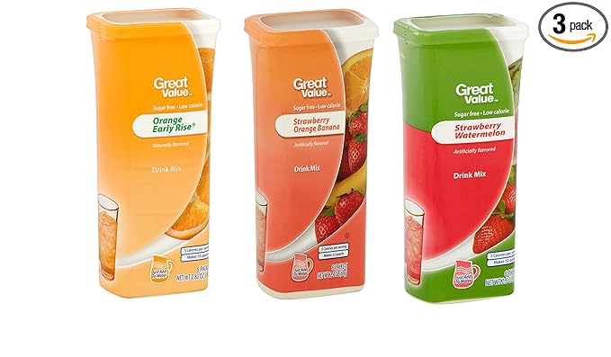 Great Value Drink Mix, Sugar Free, Early Rise Orange, Orange Strawberry Banana and Strawberry Watermelon a Bundle of 3 flavor Canisters. (Canister Designs May Vary)