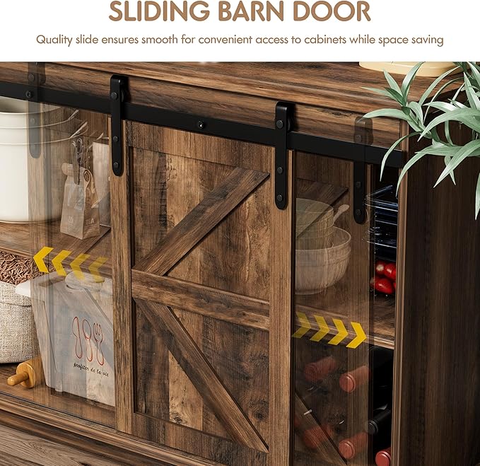 Shahoo Farmhouse Sideboard Buffet Cabinet, Coffee Bar Storage with Sliding Barn Doors, Shelf for Home Dining Room, Barnwood
