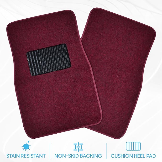BDK Premium Burgundy Carpet Floor Mats for Cars - Universal Fit Interior 4-Piece Car Mats Full Set with Vinyl Heel Pad Protector - Cute Car Accessories Interior Floor Covers for SUVs & Trucks