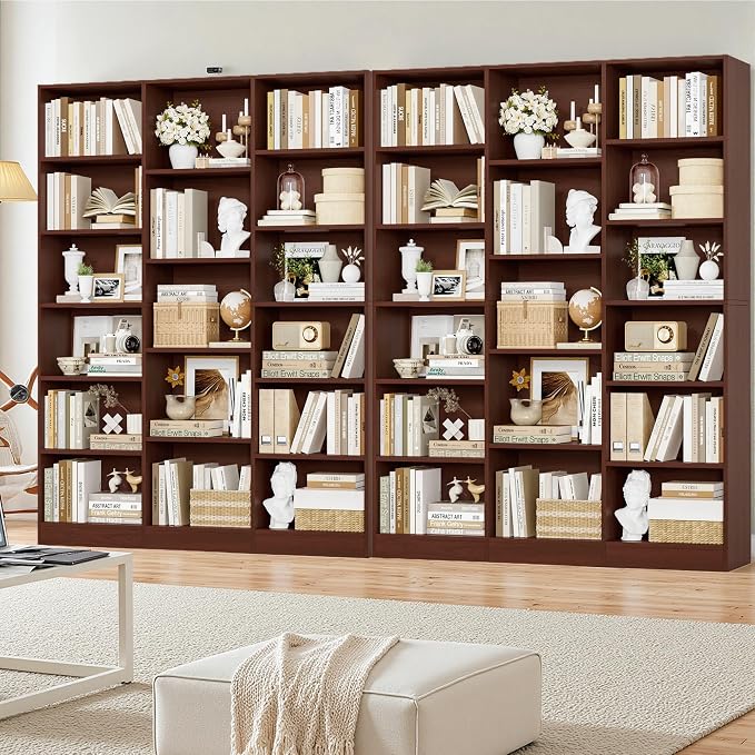 FACBOTALL Triple Wide Bookshelf, 6 Tier Large Bookshelf, Bookcase with 17 Open Display Shelves, 74'' Tall Bookcases and Bookshelves for Living Room, Home Office, Library, Cherry