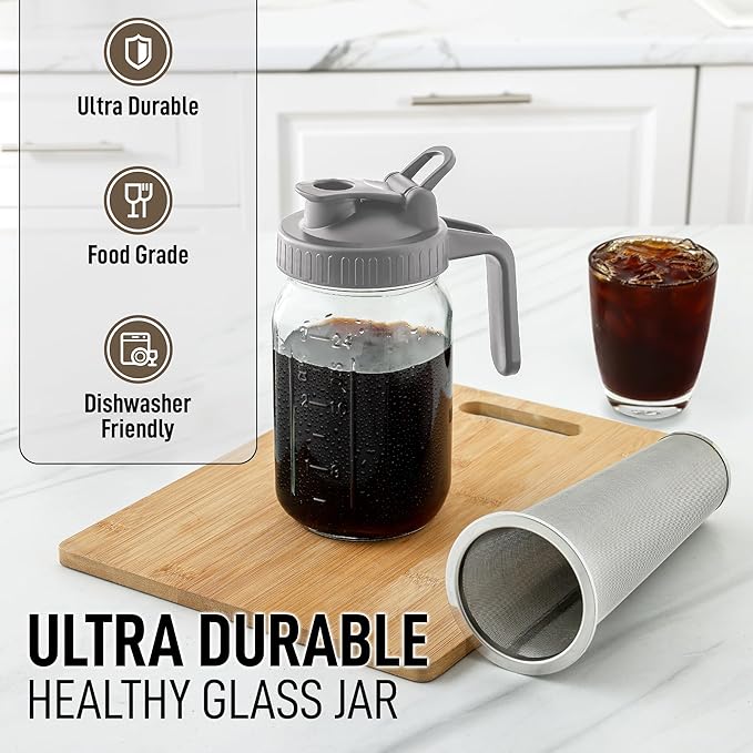 Zulay Premium Cold Brew Coffee Maker - 32oz Mason Jar With Leak-Proof Lid & Extra-Thick Glass - Fine-Mesh Stainless Steel Filter For Smooth Cold Brew & Iced Tea - Gray