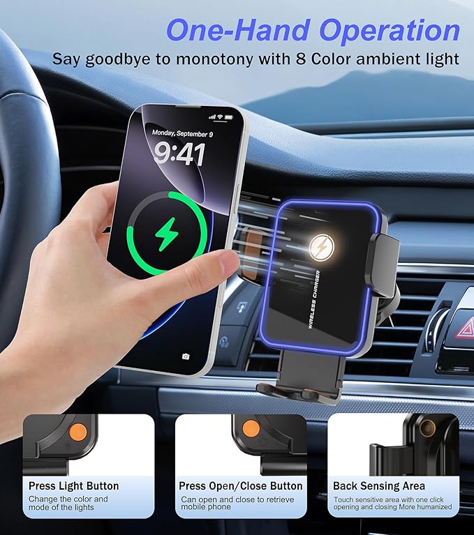 Car Mount Charger, 15W Fast Charging Auto Clamping Wireless Car Charger with 7-Color LED Lights, Air Vent Phone Holders for Your Car Accessory for iPhone Air 17 Pro Max 16 15 14 13 12, Galaxy S25