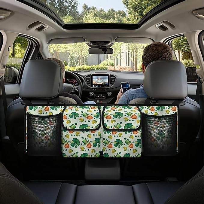 CLOHOMIN Green Leaf Auto Truck Organizer Green Hat Car Rear Seat Back Storage Bag for Women Men St. Patrick's Day Hanging Pocket Organizer with 4 Pockets Car Interior Accessories