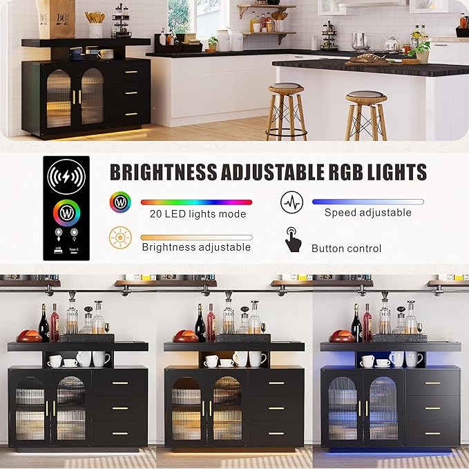 Buffet Cabinet with Storage, Modern Coffee Bar Table with 3 Drawers and 2 Doors for Kitchen, 20-Color LED Lights Sideboard Buffet Cabinet with Charging Station, Black